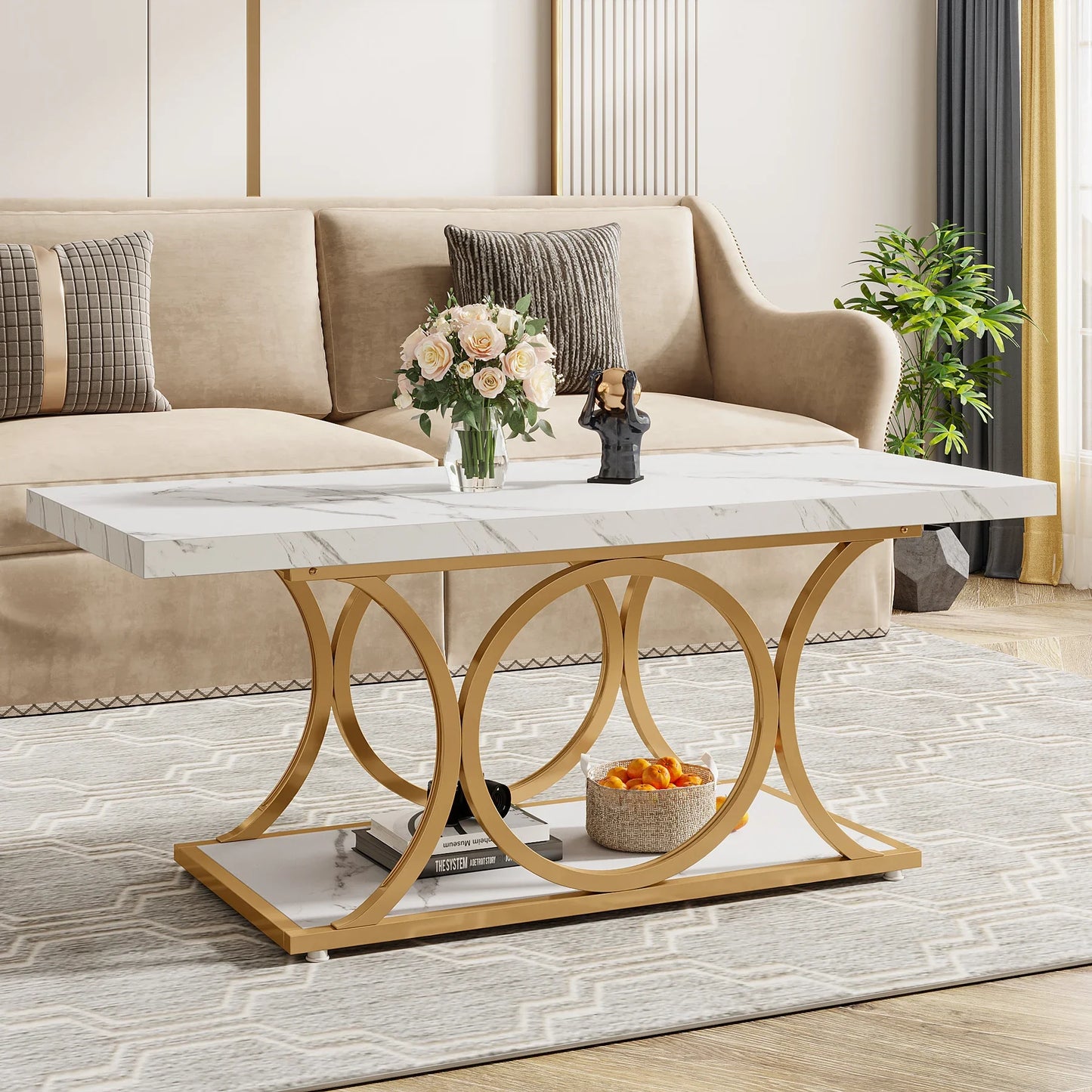 Tribesigns Modern Coffee Table Two Tier Faux Marble Wood