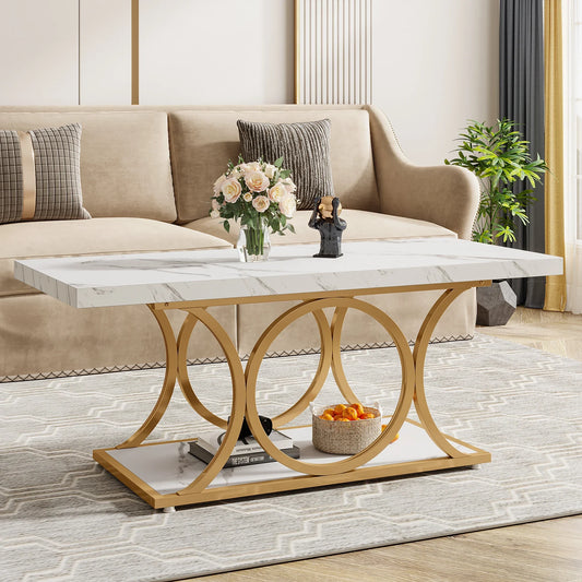 Tribesigns Modern Coffee Table Two Tier Faux Marble Wood