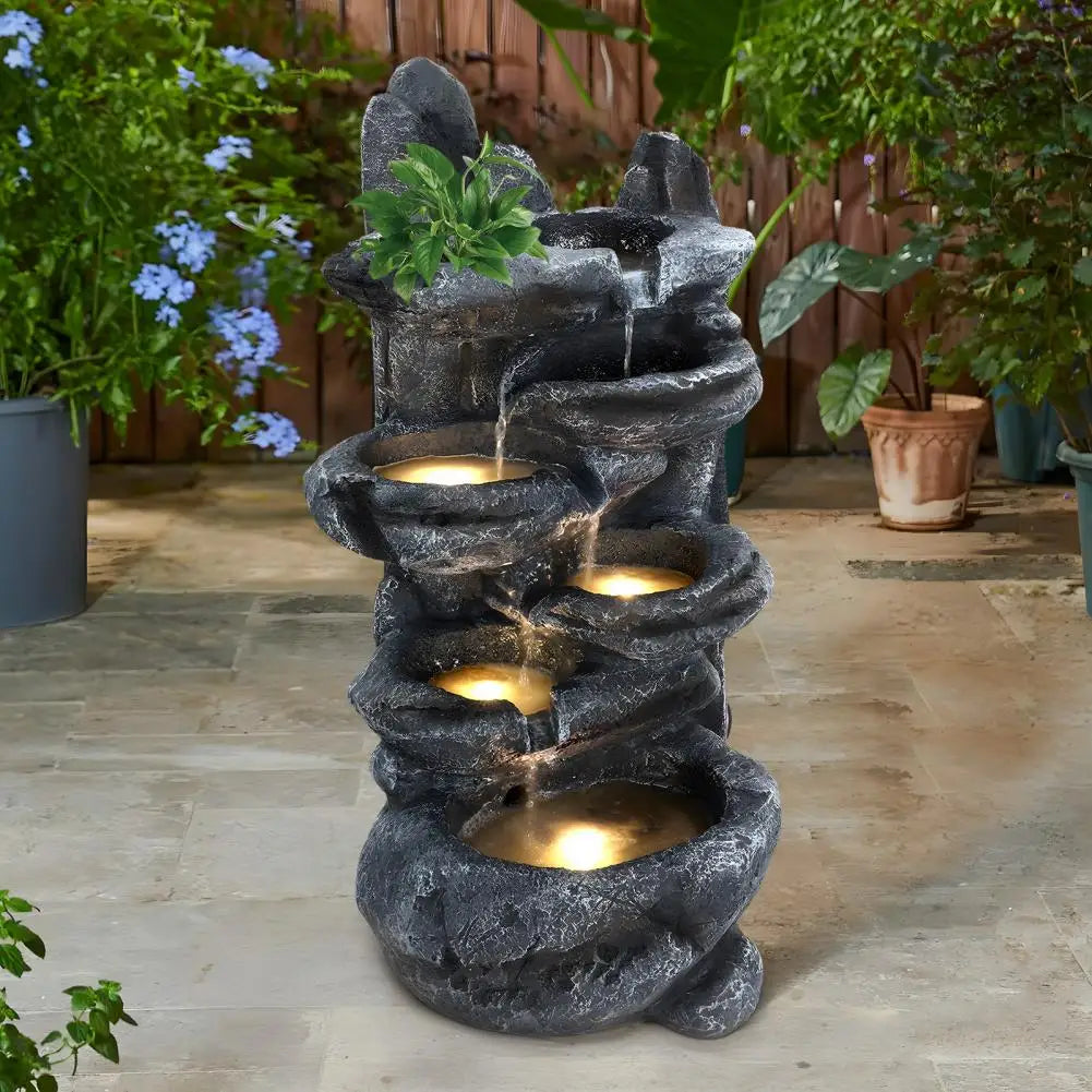 Six-Tier Cascading Rock Outdoor Water Fountain With LED Light