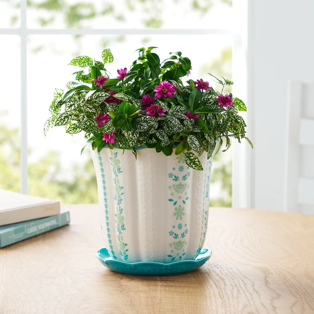 Ceramic Scallop Planter With Floral Pattern For Indoor Outdoor Use