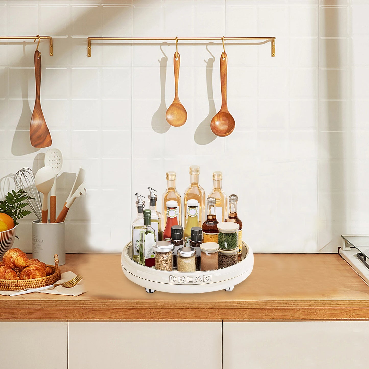 Rotating Kitchen Storage Tray Spice Organizer Plastic Condiment Rack