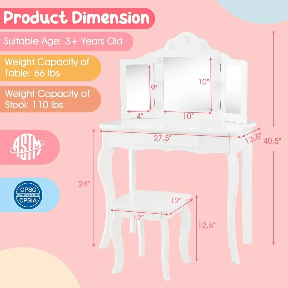 Guangbai Kids Vanity Set With Mirror And Lights Princess Desk