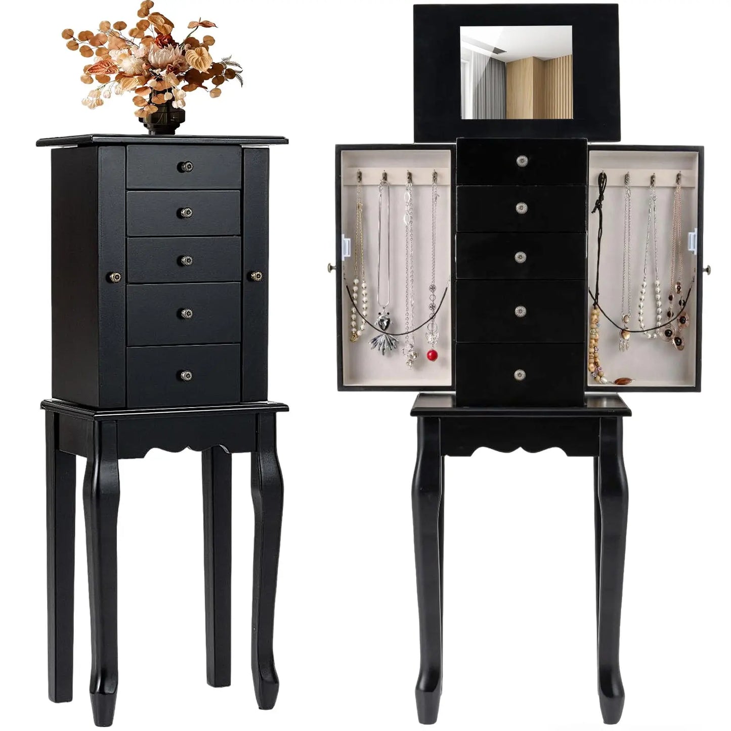 Standing Jewelry Armoire Cabinet 4 Drawers And Flip Top Mirror
