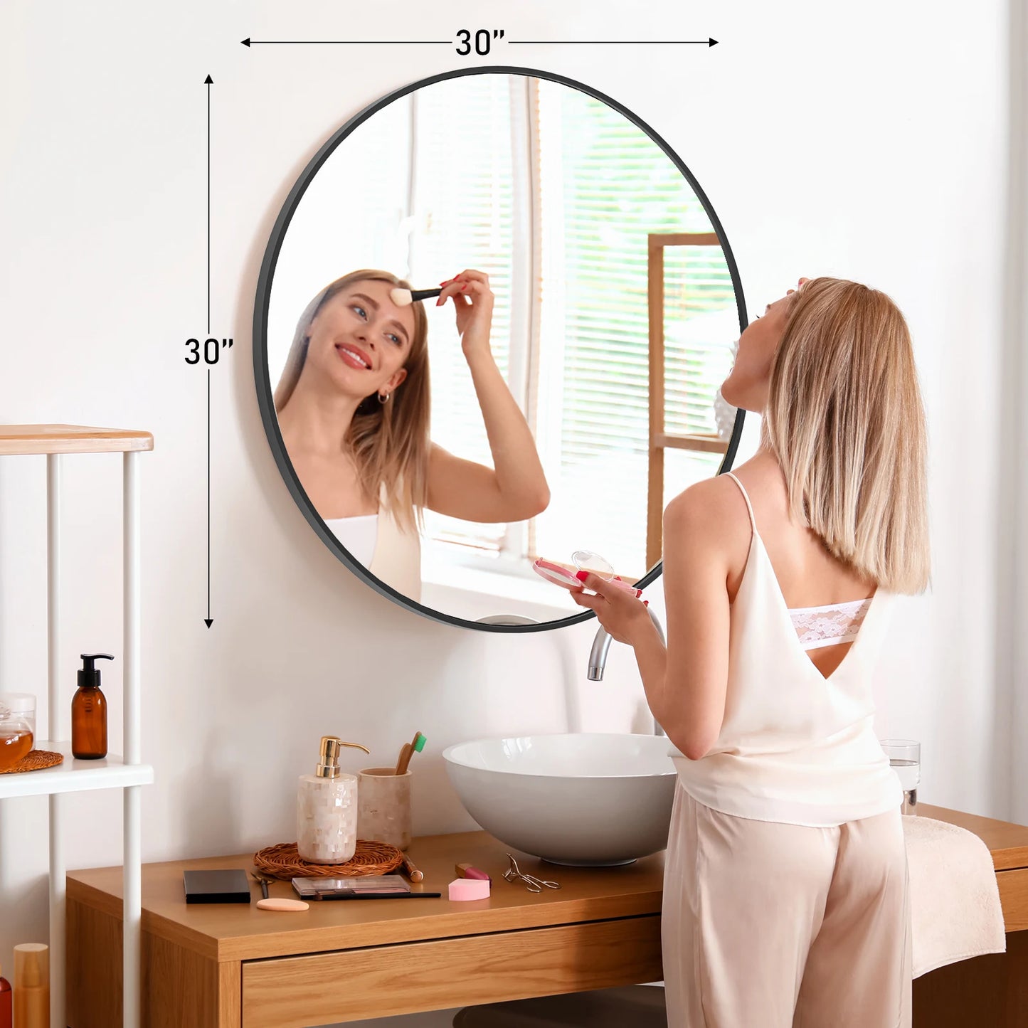 JHK Round Vanity Mirror With Matte Metal Frame For Wall