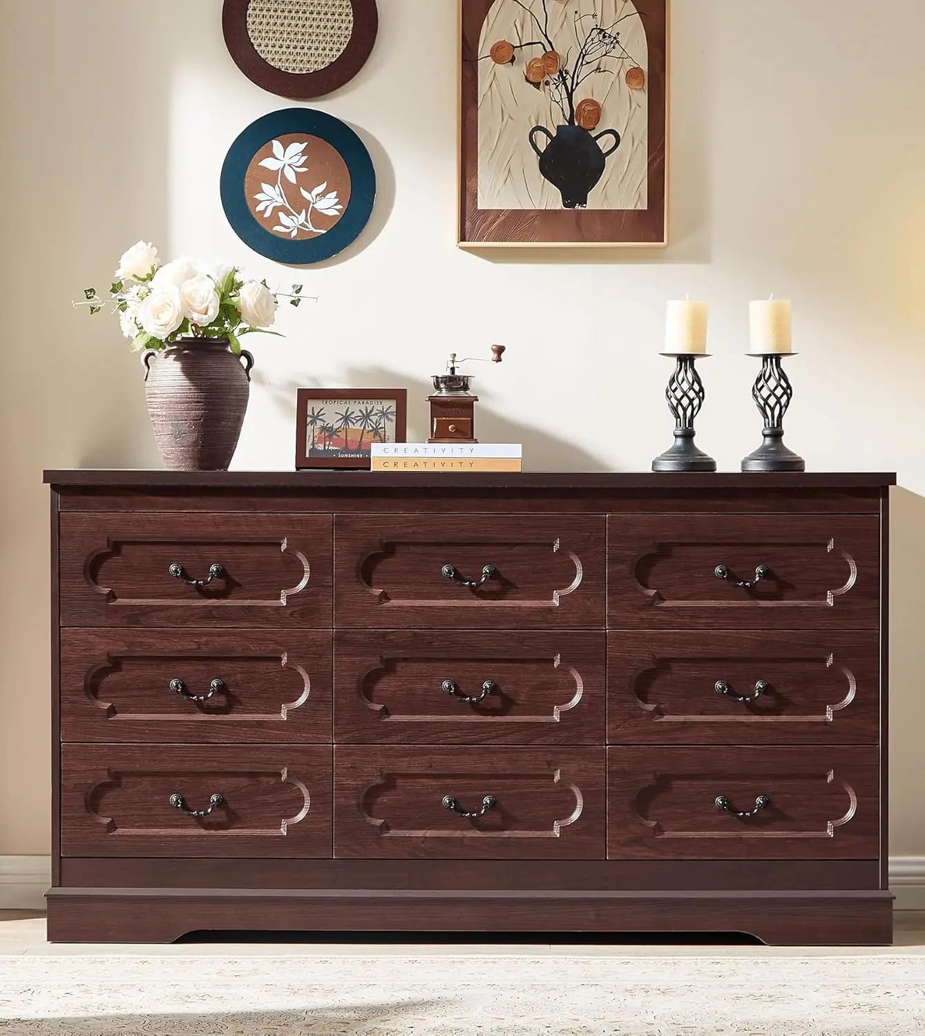 Dresser for Bedroom Farmhouse Cherry Wood Chest of Drawers for Bedroom Dresser, Rustic Wide Drawers Dressers