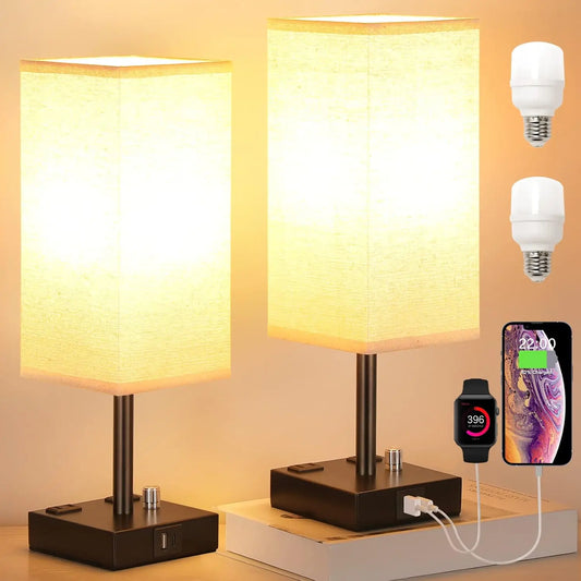 Fully Dimmable Nightstand Lamps Set Of 2 With USB Ports