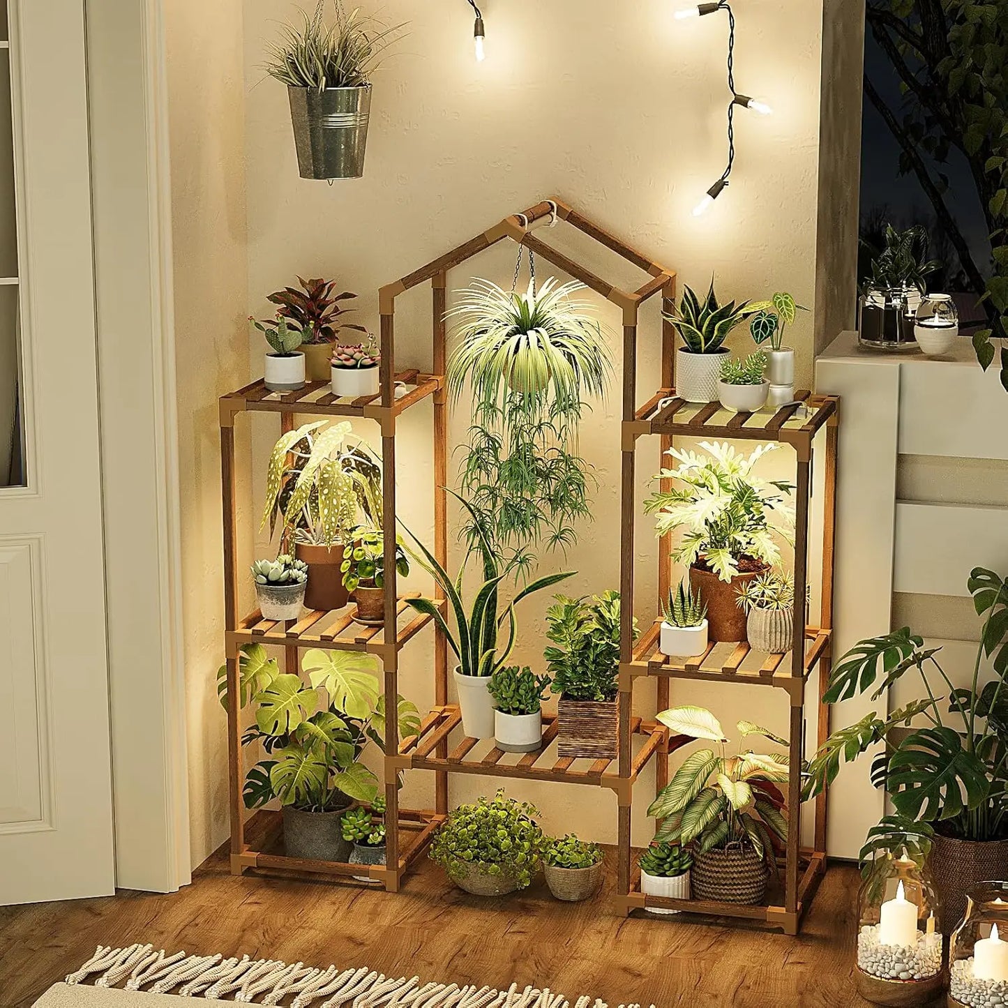 Wood Plant Shelf With Grow Lights For Indoor Hanging Planters