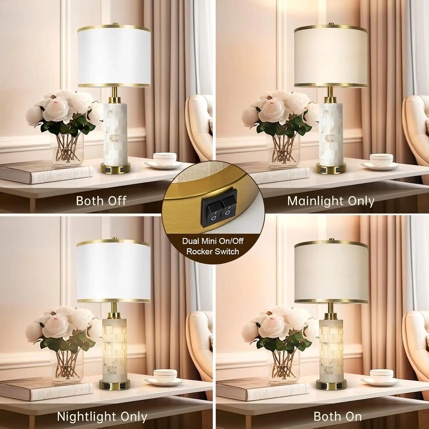 Alabaster Table Lamps Set Of 2 With USB Ports And Night Light