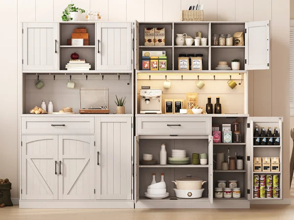 ONBRILL Pantry Cabinet With LED Light And Outlet Kitchen Storage