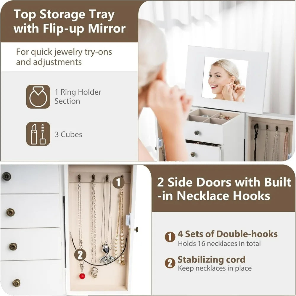 Standing Jewelry Armoire Cabinet 4 Drawers And Flip Top Mirror