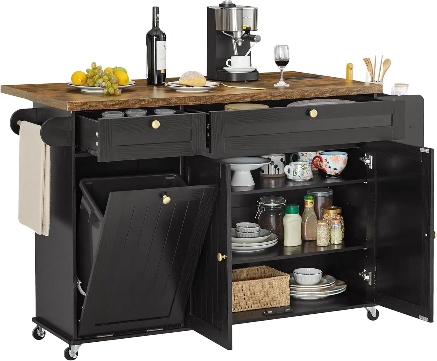ONBRILL Mobile Kitchen Island With Rolling Trolley PowerOutlet Spice Rack