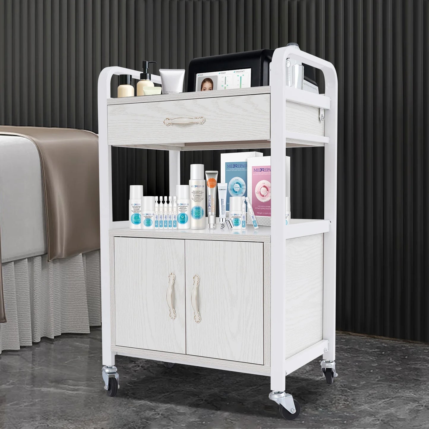 Bymaocar Salon Wood Panels Storage Cart Free Standing Organizer