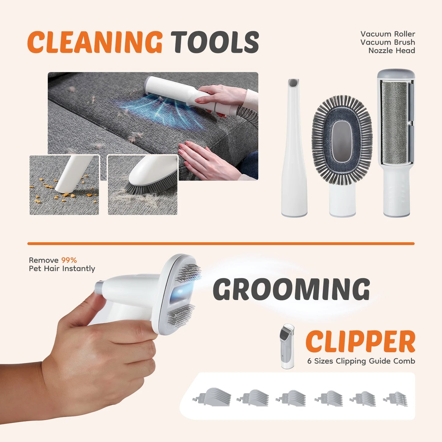Pet Grooming Vacuum Kit With Cordless Low Noise Clippers For Cats