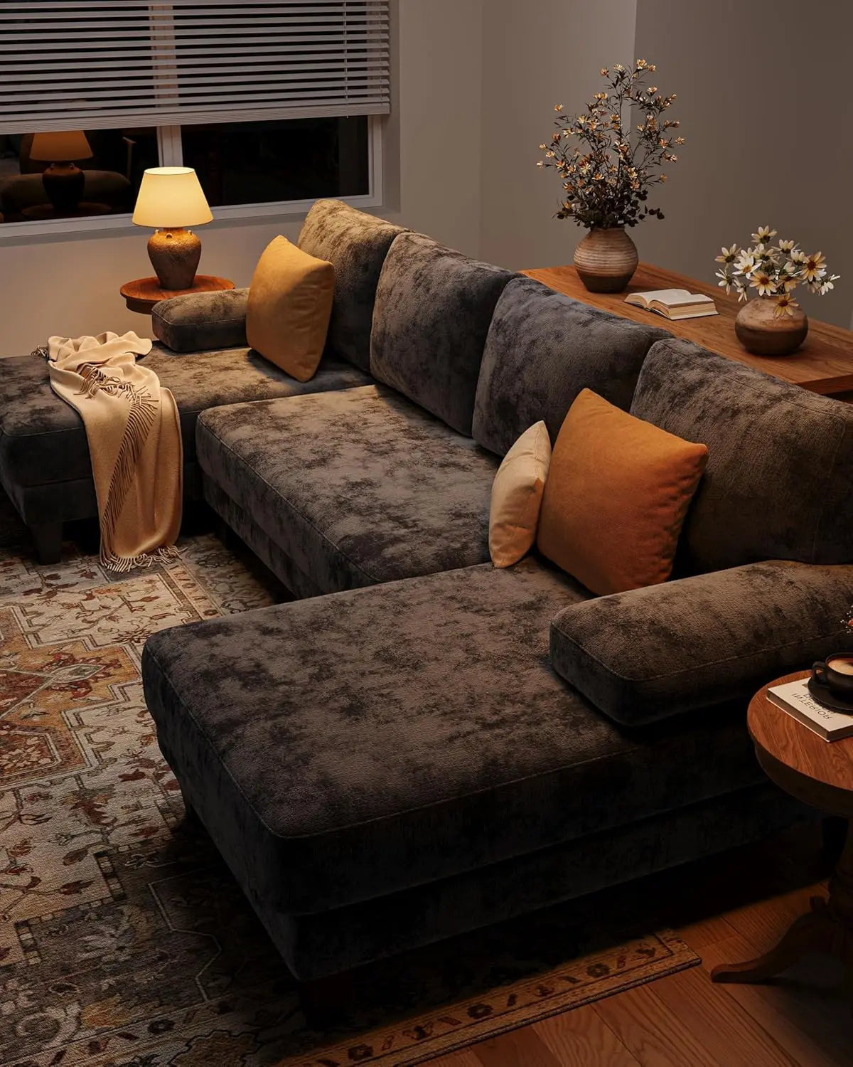 U Shaped Sectional Couch Chenille Sofa With Double Chaise