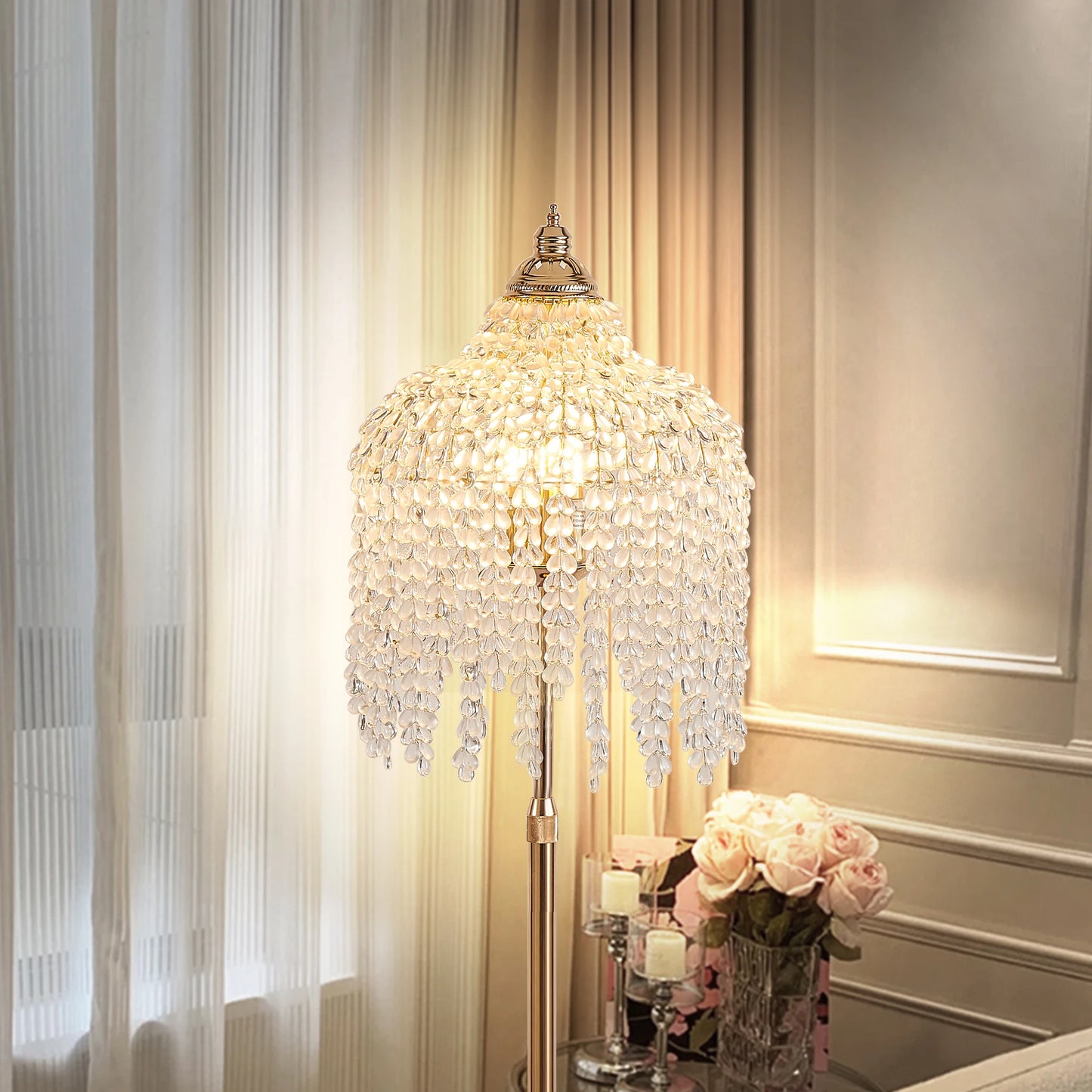 Crystal Floor Lamp With Vintage Waterfall Bead Strings Marble Base