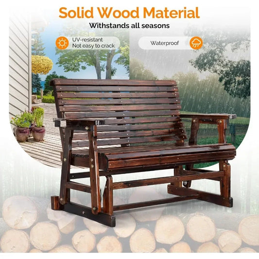 Durable Wooden Patio Glider Chair With Built-In Cup Holders