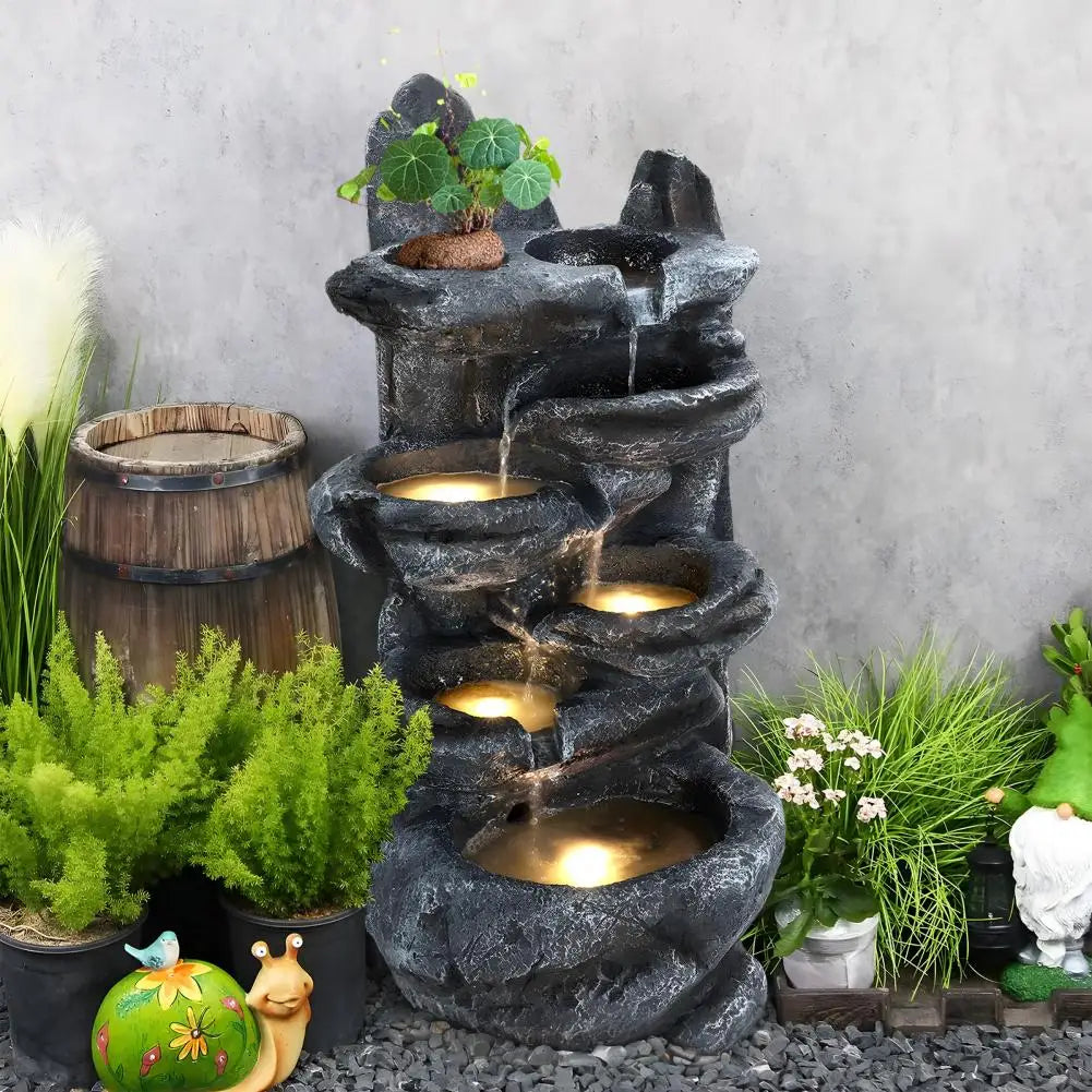 Six-Tier Cascading Rock Outdoor Water Fountain With LED Light