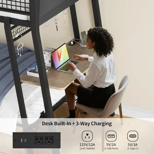 XMSJ Twin Over Twin Metal Bunk Bed With Desk Outlets