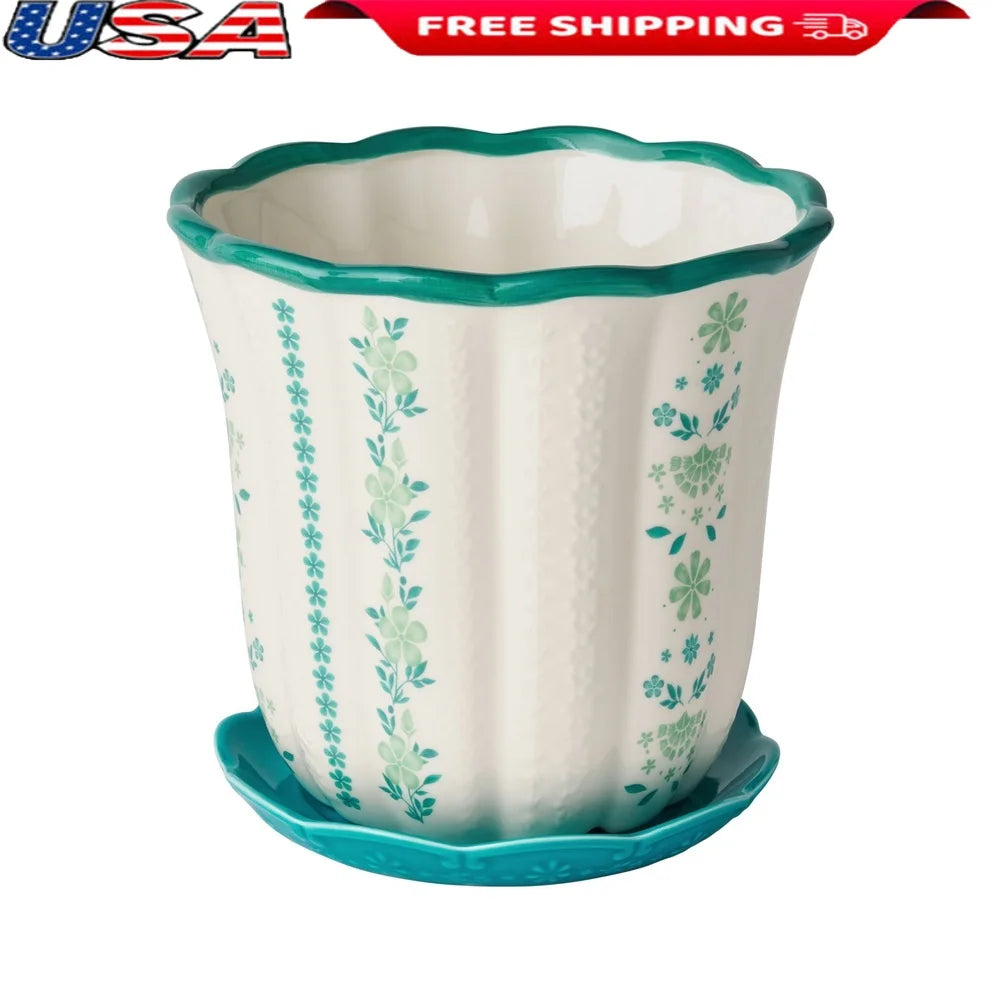 Ceramic Scallop Planter With Floral Pattern For Indoor Outdoor Use