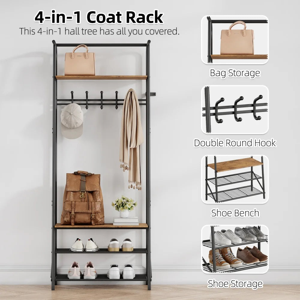 HiMISS Coat Rack Hallway With Shoe Storage Four In One