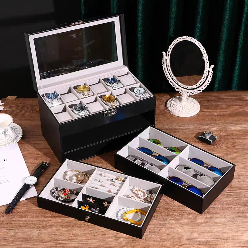 NONECN Leather Watch And Eyewear Box With Jewelry Display Drawer