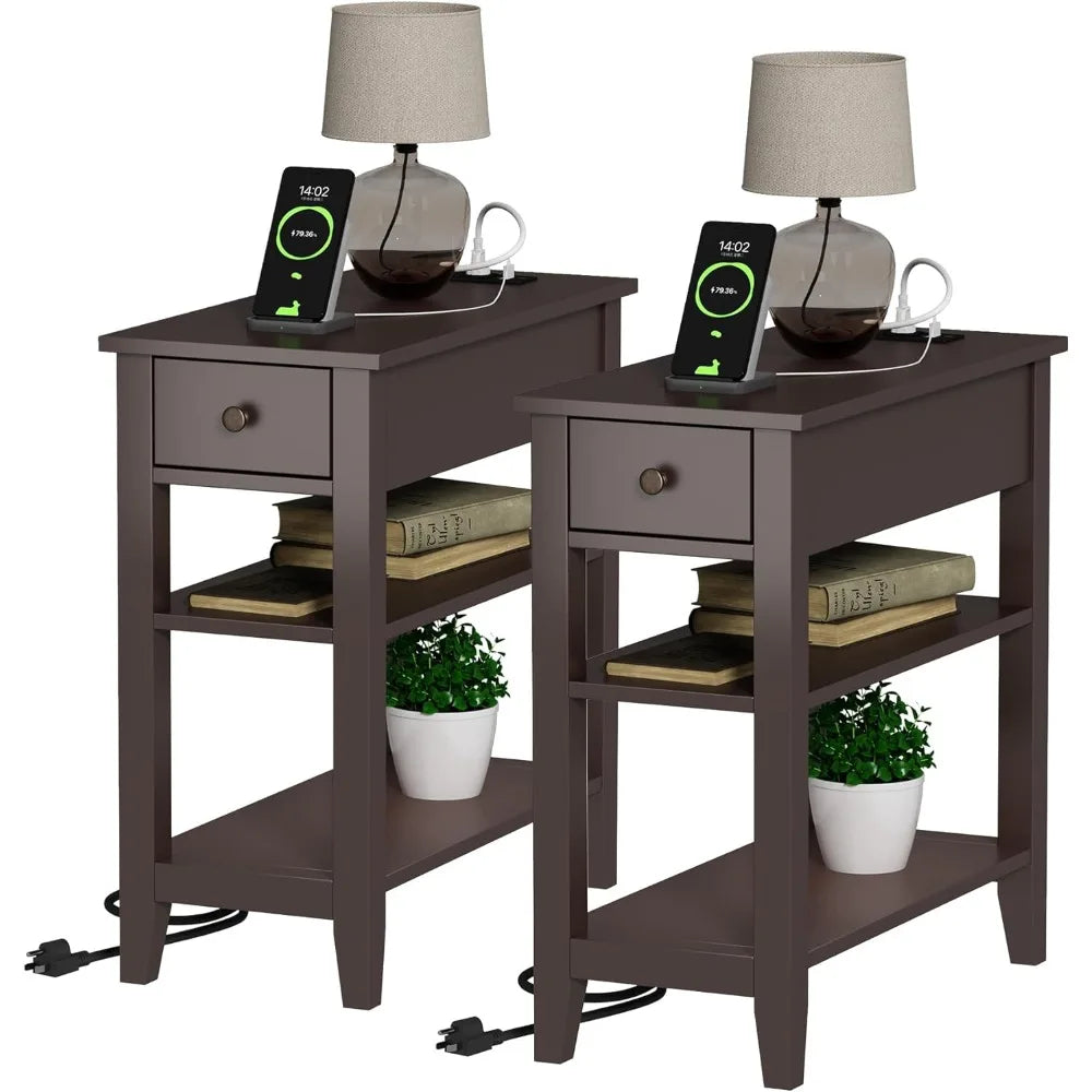 Narrow End Table Pair With USB Ports And Hidden Drawer