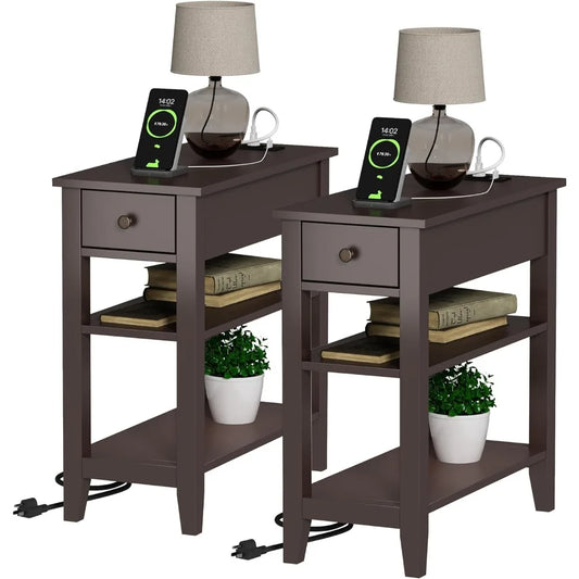 Narrow End Table Pair With USB Ports And Hidden Drawer
