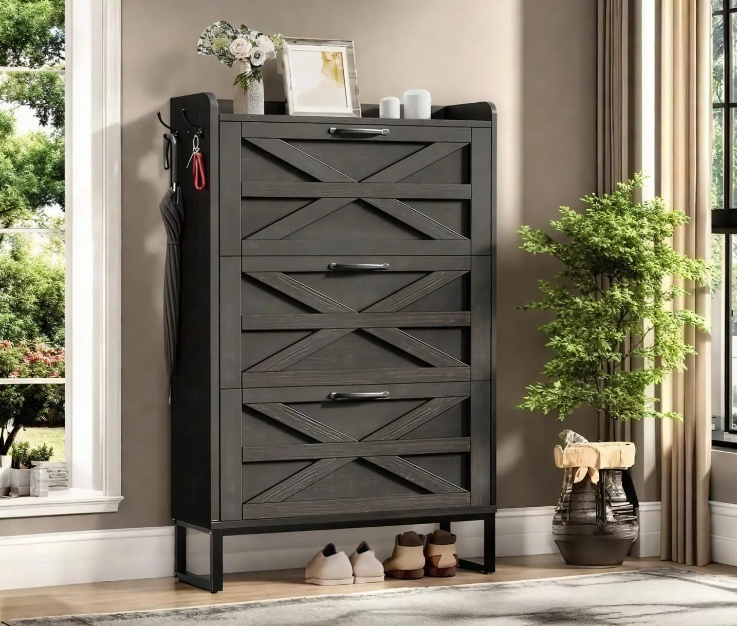 Hign Concerned Shoe Storage Cabinet With 3 Flip Drawers