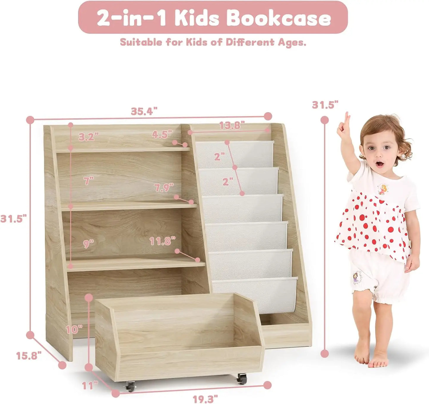 4 Tier Kids Bookshelf With Movable Drawer 5 Pockets Montessori