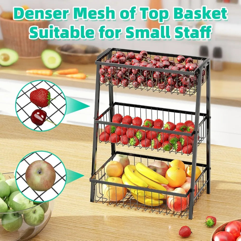 Three Tier Fruit Basket With Four Banana Hooks Metal Wire