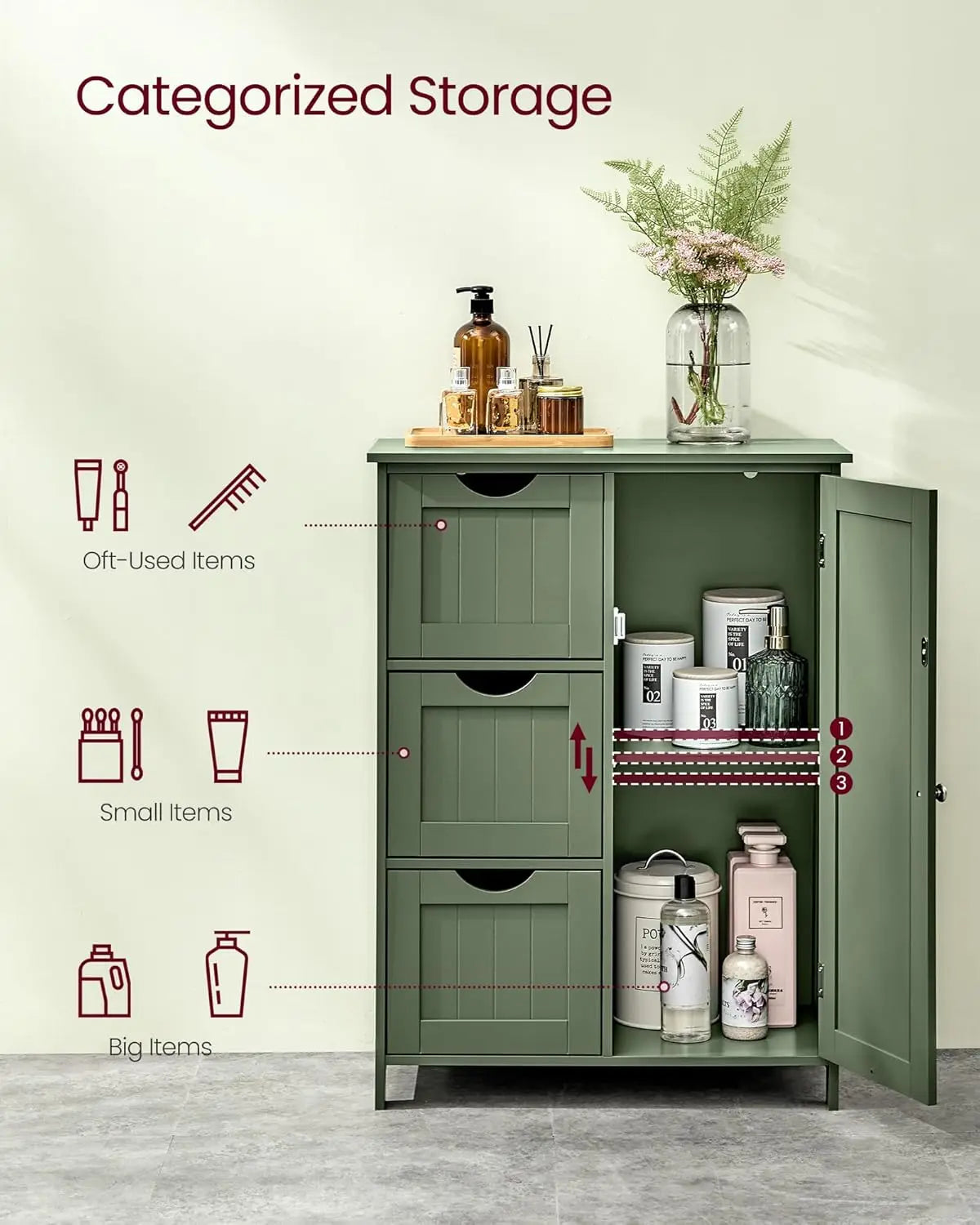 Floor Storage Cabinet Freestanding With 3 Drawers And Adjustable Shelf