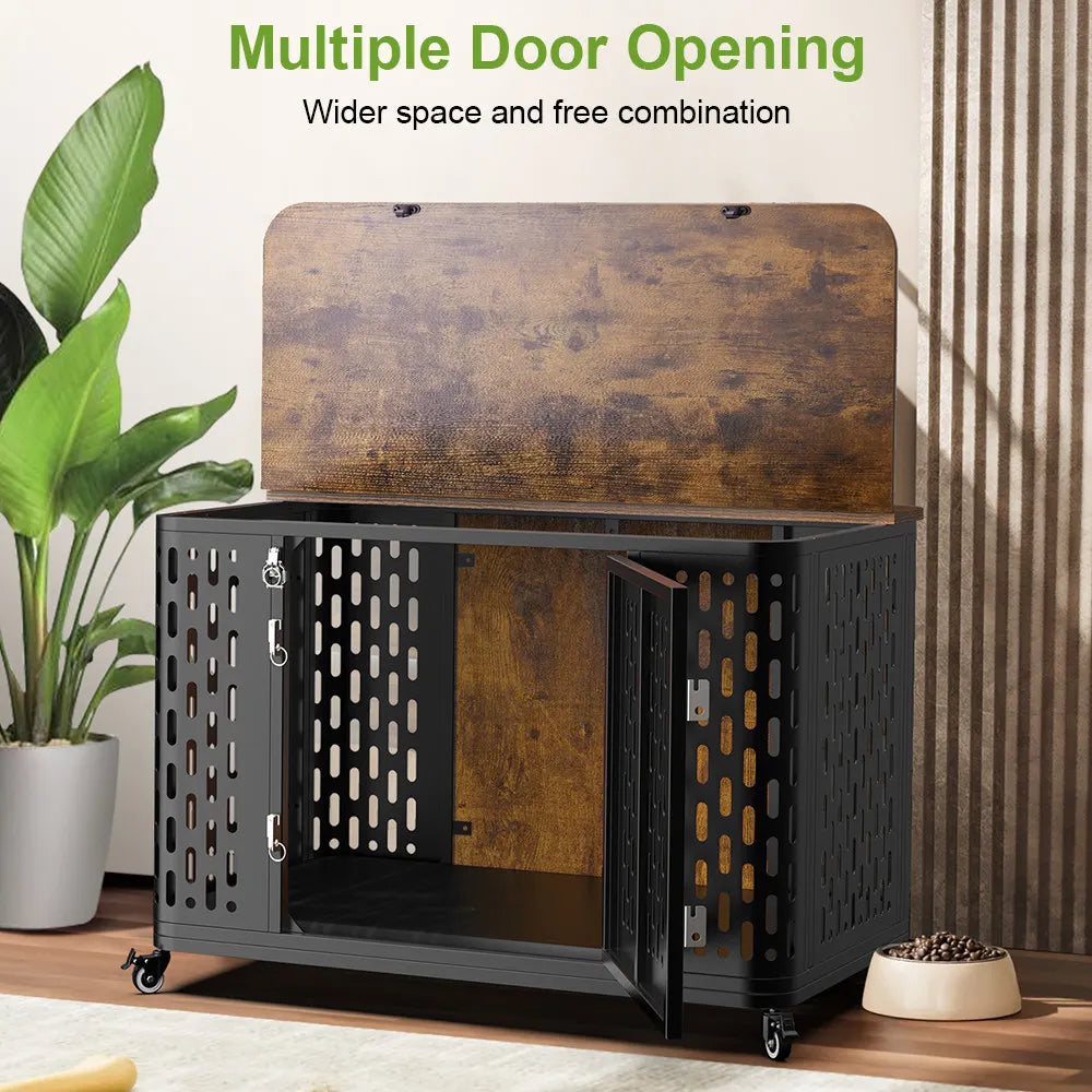 ONBRILL Wood Dog Kennel Cage With Cushion And Wheels