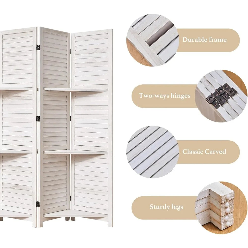 Wood Room Divider With Shelves Folding Screen Freestanding