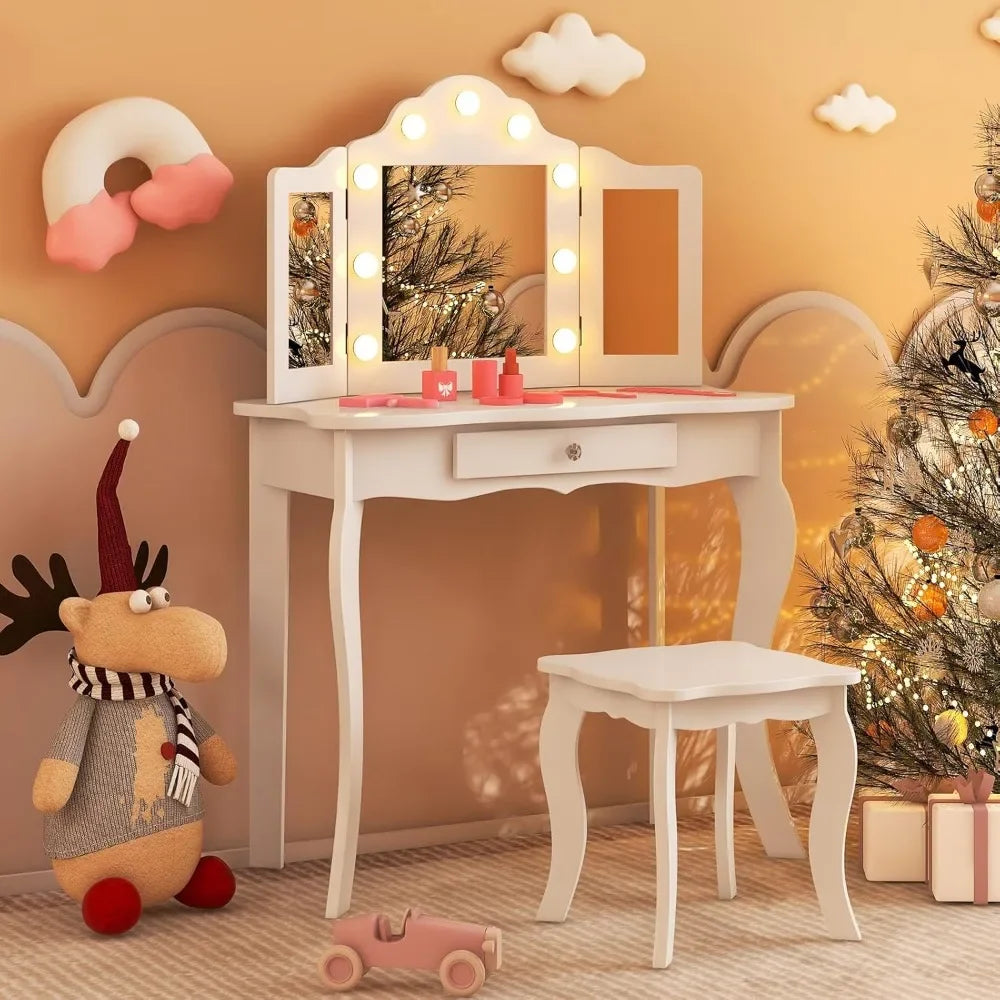 Guangbai Kids Vanity Set With Mirror And Lights Princess Desk