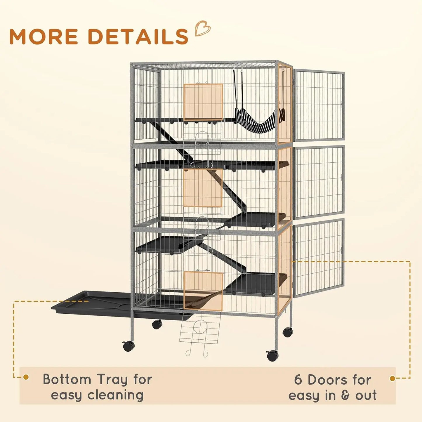 6-Tier Small Animal Cage With Hammock, Wheels And Removable Tray