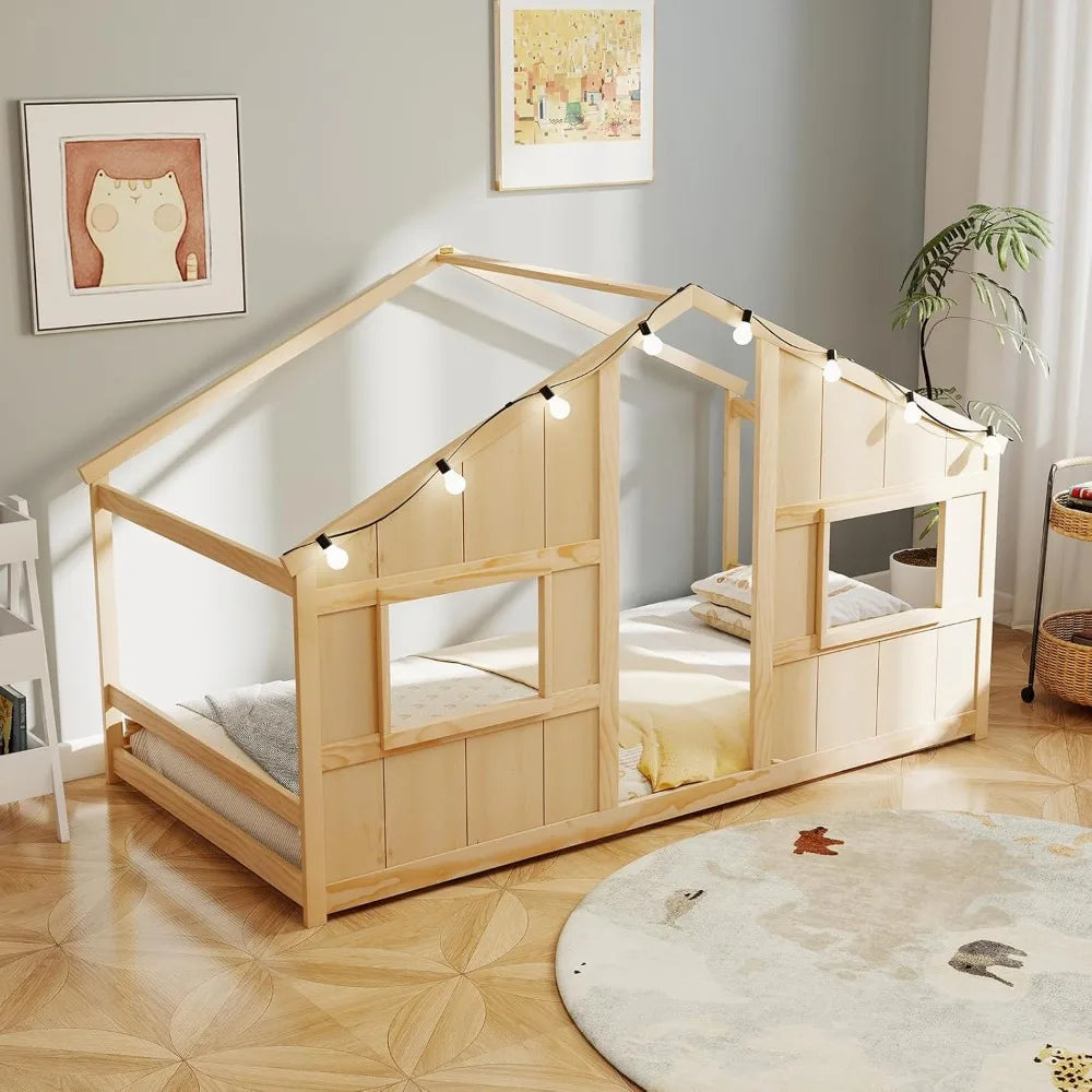 KOMFOTT Floor House Bed With LED Lights Montessori Wood Bed