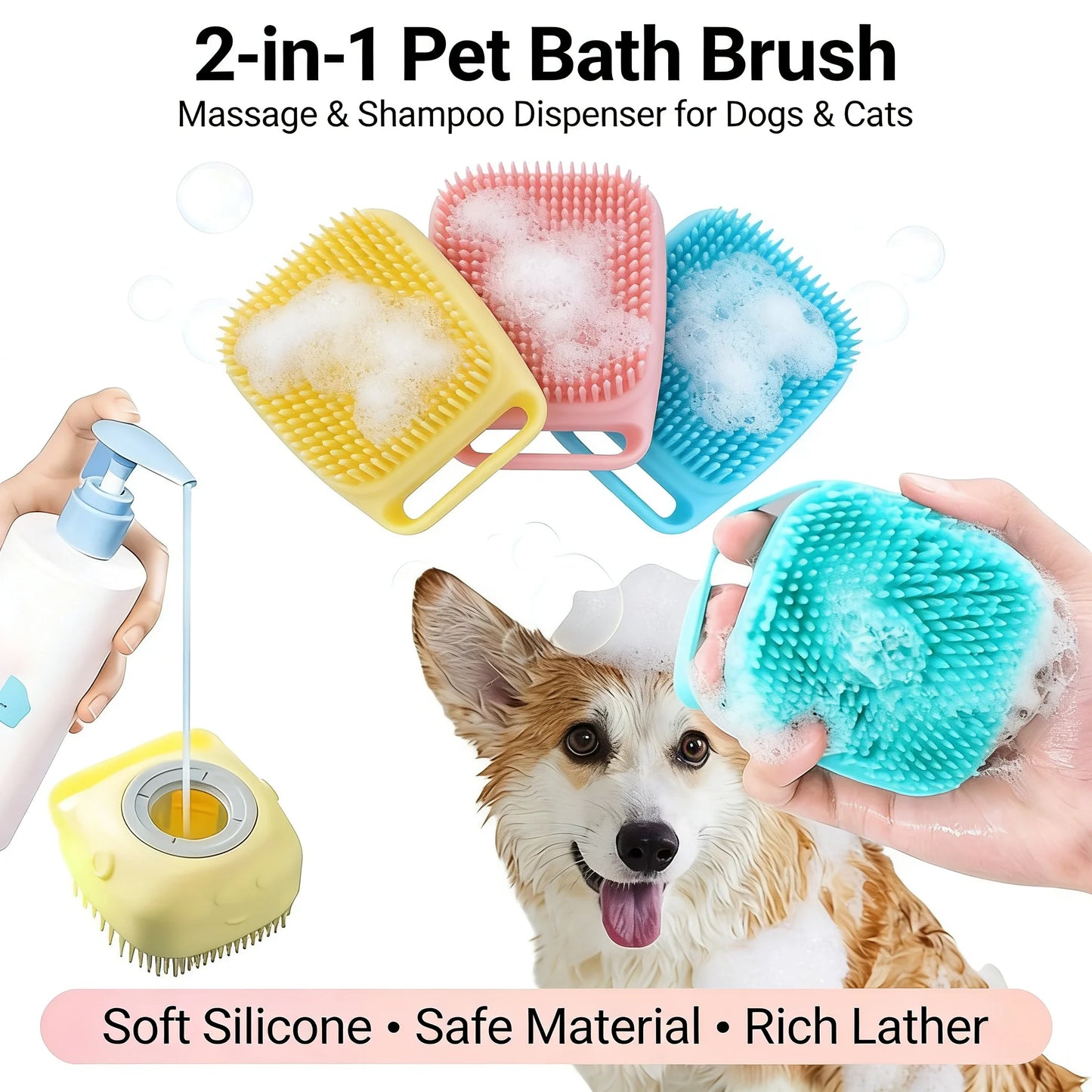 2-In-1 Pet Bath Massage Brush With Silicone Shampoo Storage