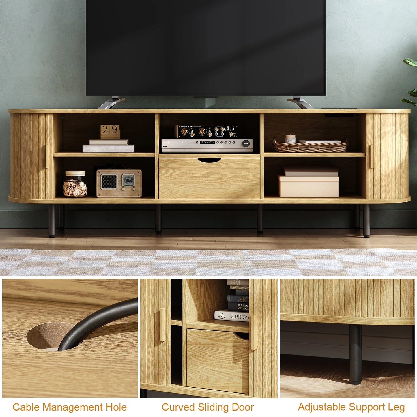 TV Stand With Power Outlet, Storage Drawer And Adjustable Shelves