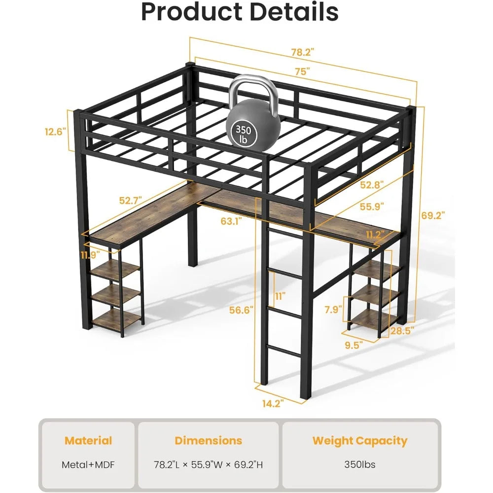ZHUOTING Loft Bed With Desk And Open Shelves Heavy Duty Metal