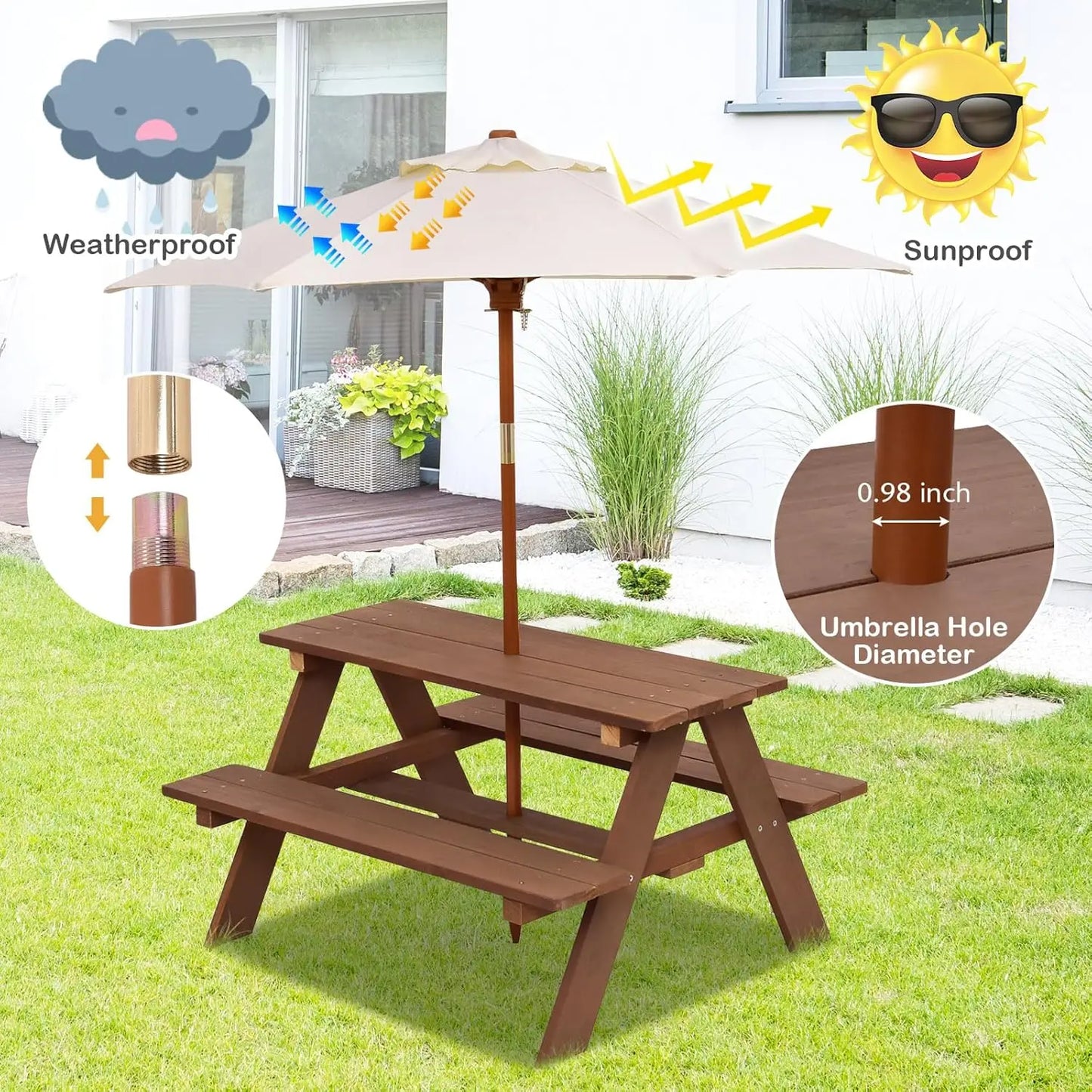 XIAOLANG Kids Picnic Table Outdoor Wooden Bench Set With Umbrella