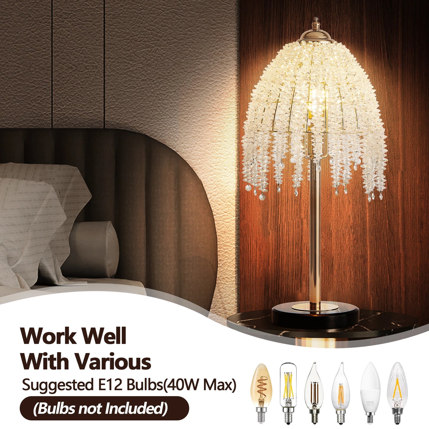 Elegant Crystal Table Lamp Waterfall Design With Shade Marble Base