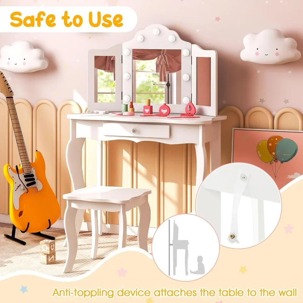 Guangbai Kids Vanity Set With Mirror And Lights Princess Desk