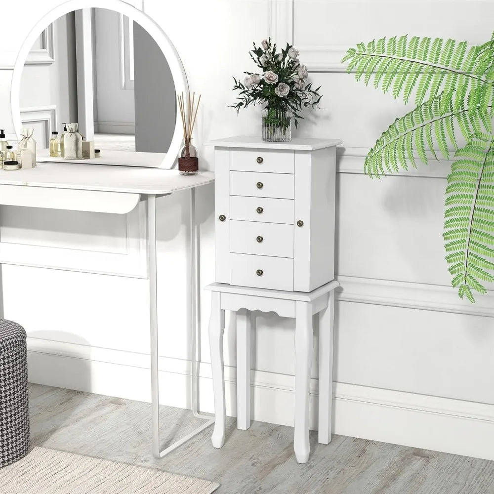 Standing Jewelry Armoire Cabinet 4 Drawers And Flip Top Mirror