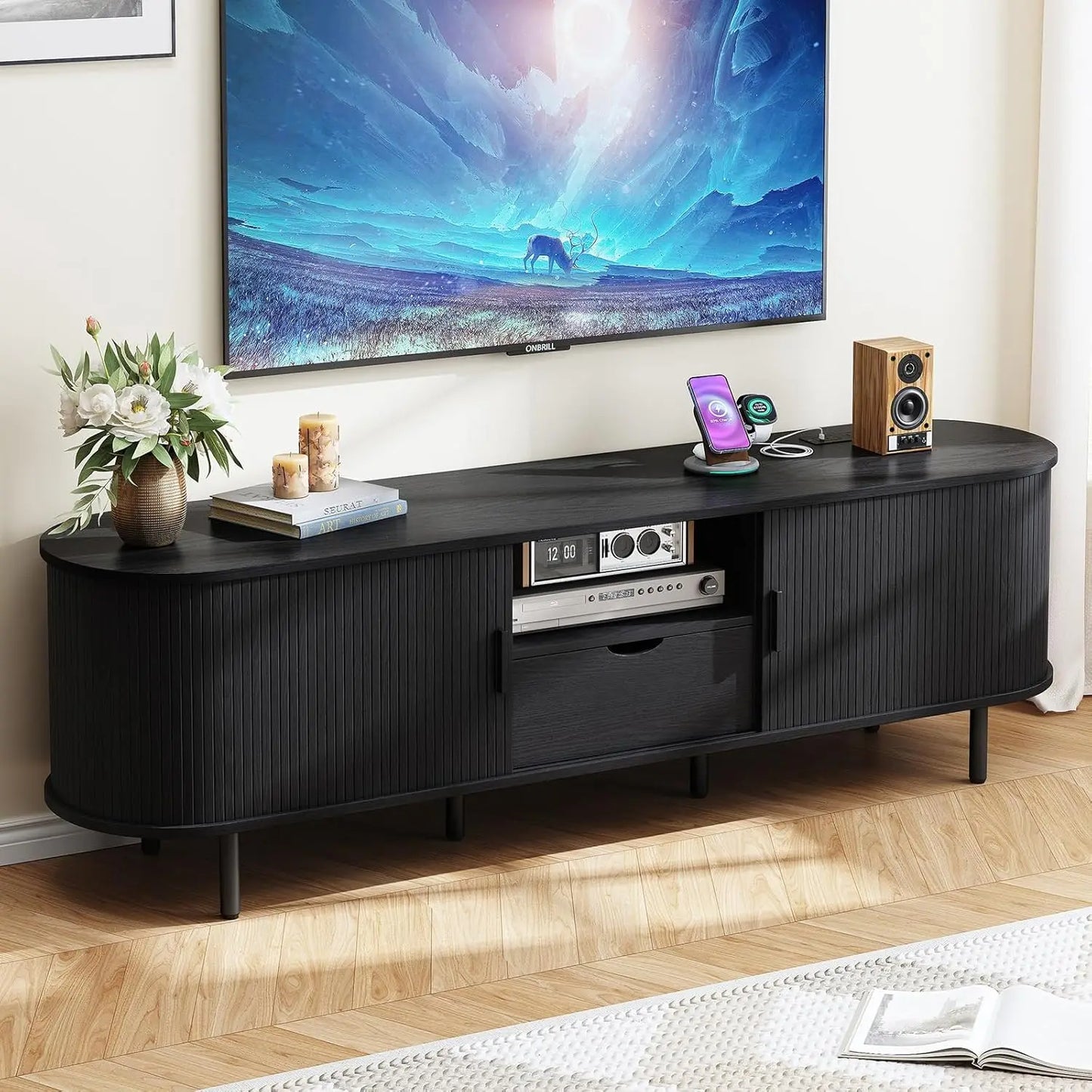 TV Stand With Power Outlet, Storage Drawer And Adjustable Shelves