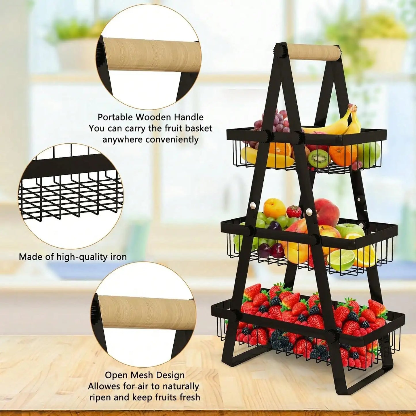 3-Tier Fruit Basket With Removable Shelf For Kitchen Storage