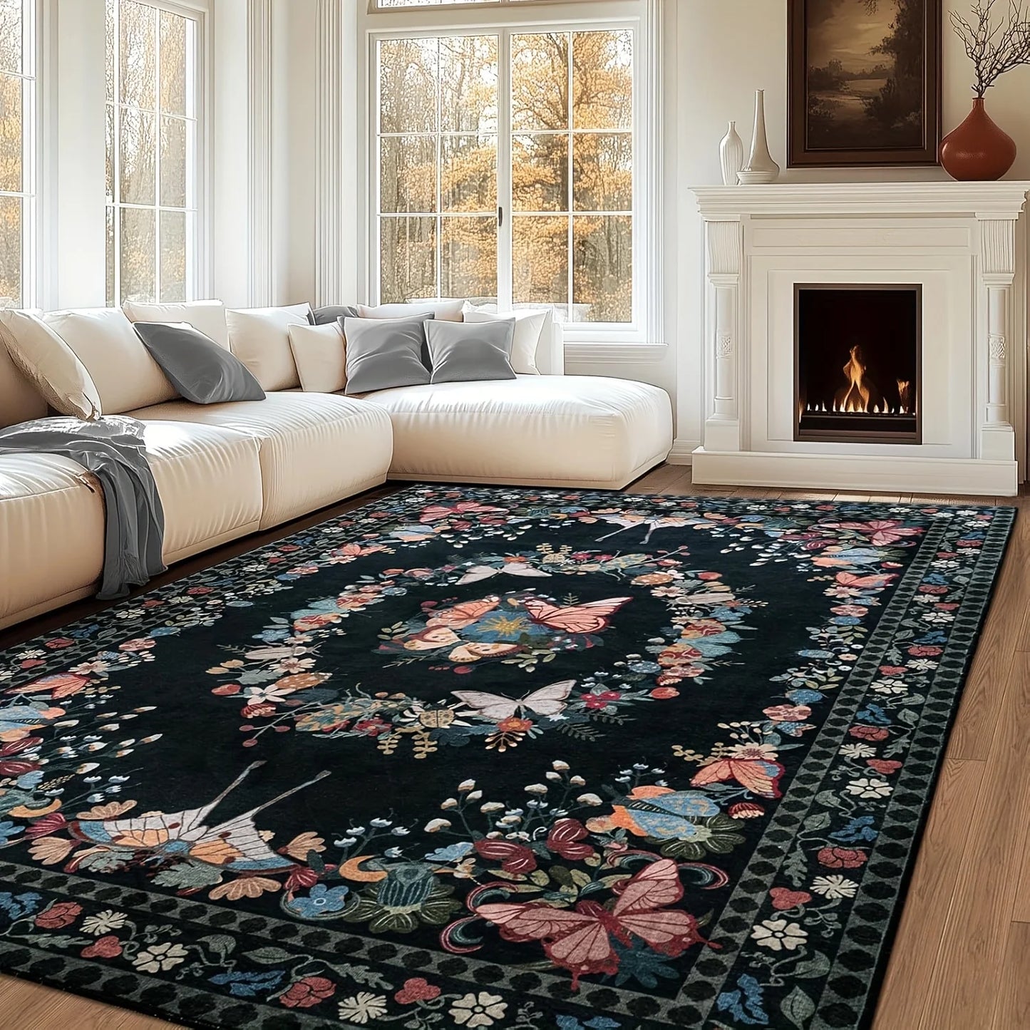 Gnizama Floral Butterfly Living Room Area Rug Washable Vintage Polyester Bedroom Rug