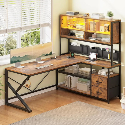 General Use L Shaped Gaming Desk With LED And Bookshelf