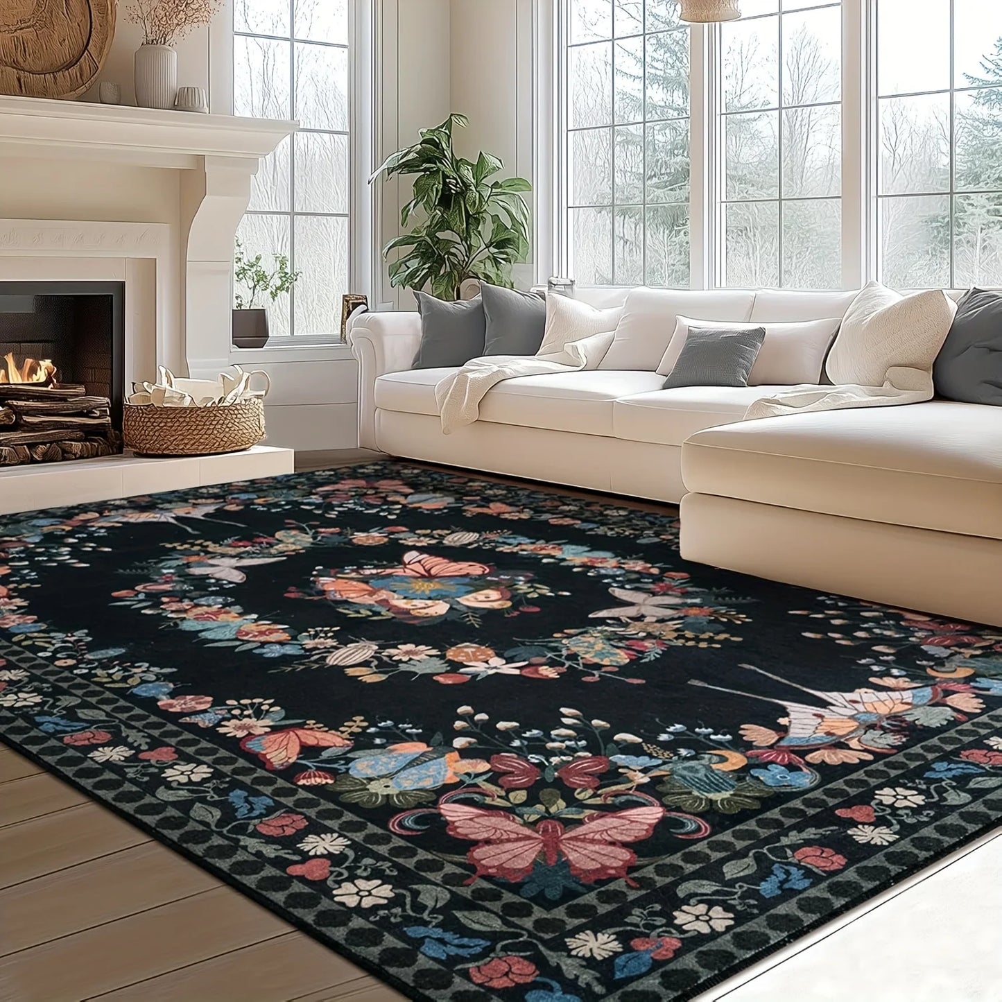 Gnizama Floral Butterfly Living Room Area Rug Washable Vintage Polyester Bedroom Rug