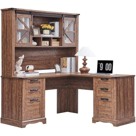 Wood L Shaped Desk With Hutch And Charging Station Storage
