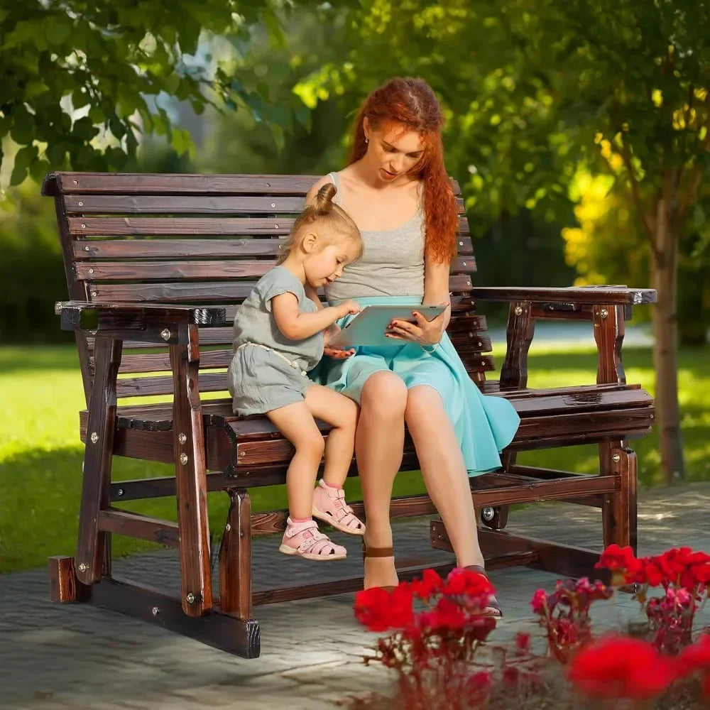 Durable Wooden Patio Glider Chair With Built-In Cup Holders